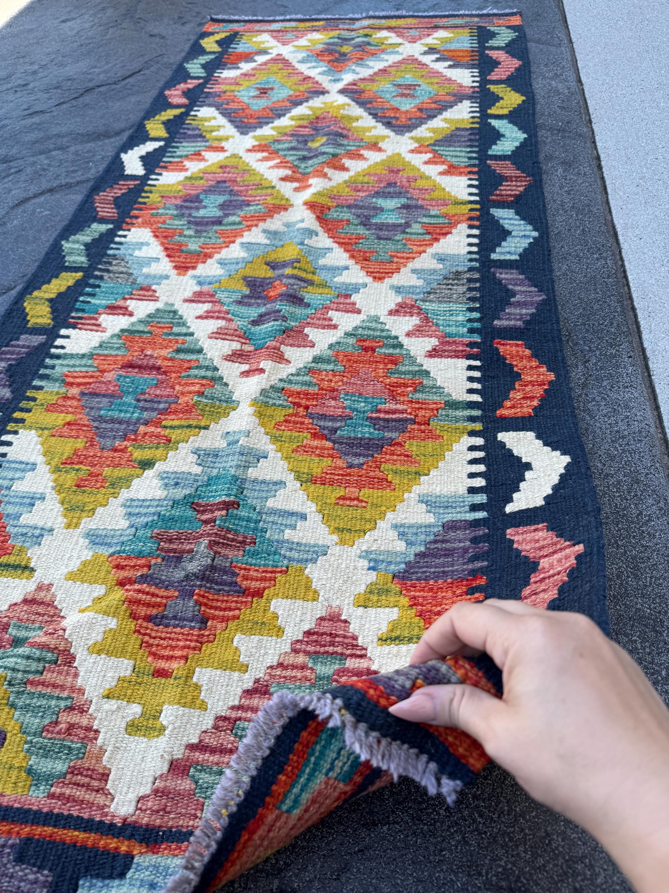 2x5 Handmade Afghan Kilim Runner Rug | Cream White Aqua Teal Denim Blue Charcoal Grey Mustard Gold Midnight Chocolate | Wool Flatwoven