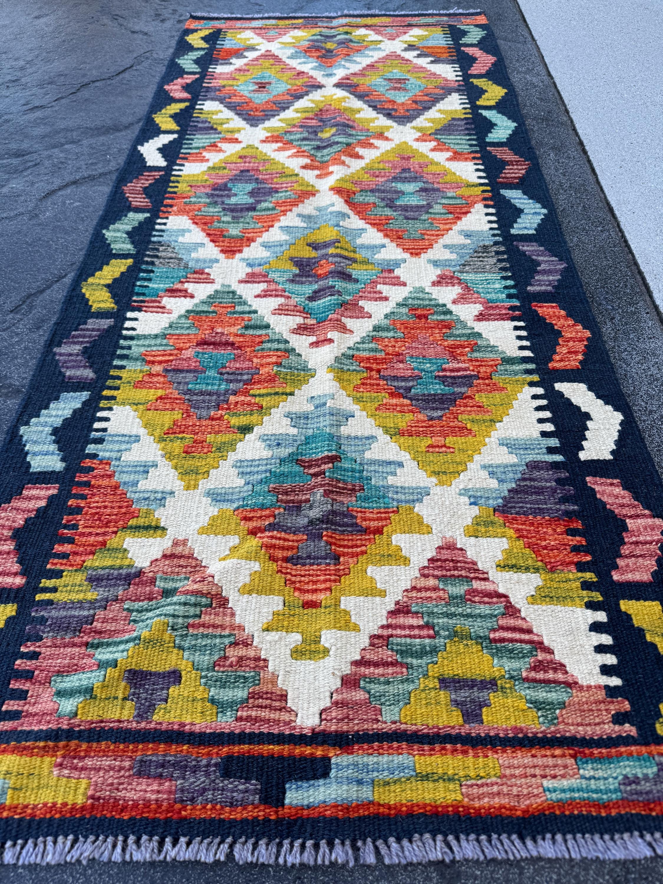 2x5 Handmade Afghan Kilim Runner Rug | Cream White Aqua Teal Denim Blue Charcoal Grey Mustard Gold Midnight Chocolate | Wool Flatwoven