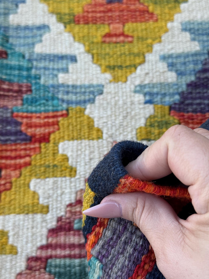 2x5 Handmade Afghan Kilim Runner Rug | Cream White Aqua Teal Denim Blue Charcoal Grey Mustard Gold Midnight Chocolate | Wool Flatwoven