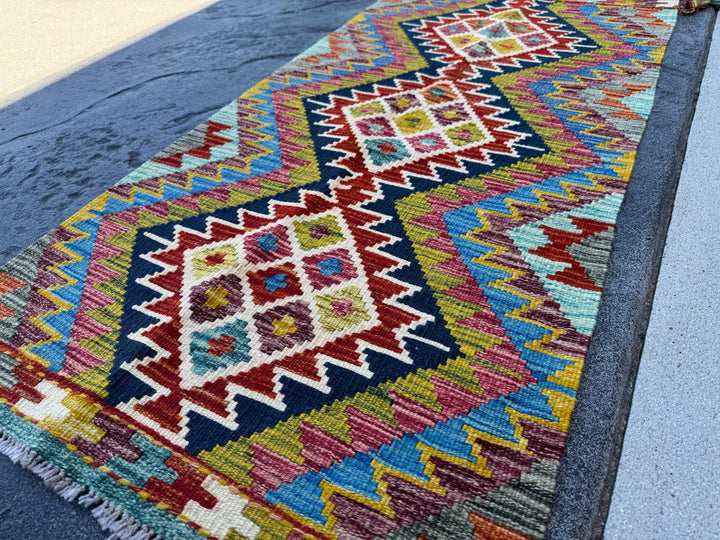2x5 Handmade Afghan Kilim Runner Rug | Midnight Blue Denim Olive Moss Green Cream White Aqua Teal Rust Red Chocolate Orange | Wool Flatwoven