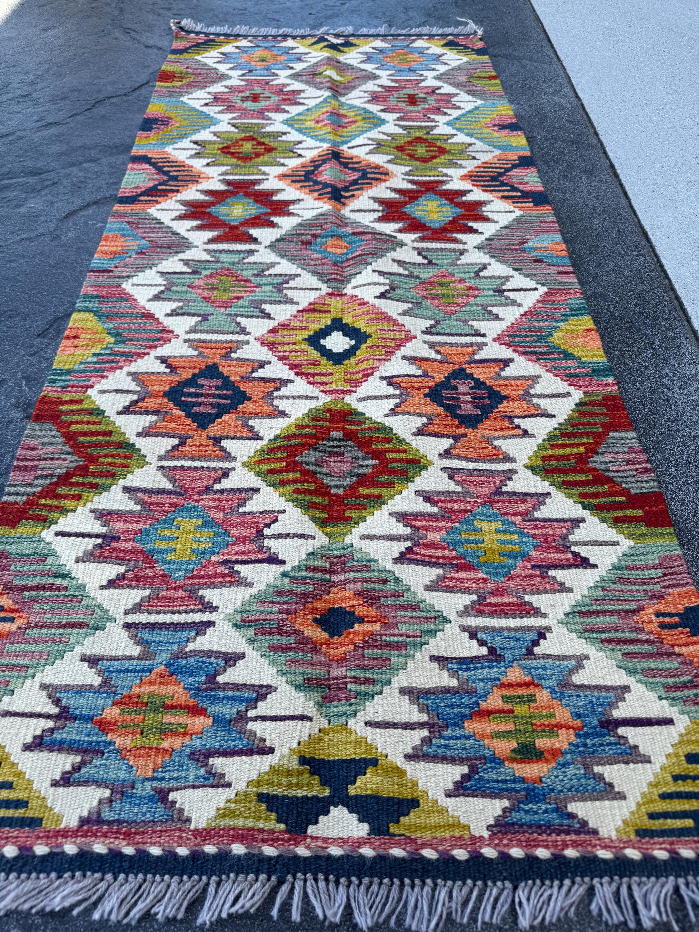 2x5 Handmade Afghan Kilim Runner Rug | Cream White Rust Red Maroon Olive Moss Green Aqua Teal Denim Blue Charcoal Grey Orange | Flatwoven