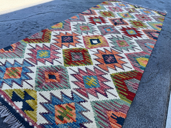 2x5 Handmade Afghan Kilim Runner Rug | Cream White Rust Red Maroon Olive Moss Green Aqua Teal Denim Blue Charcoal Grey Orange | Flatwoven