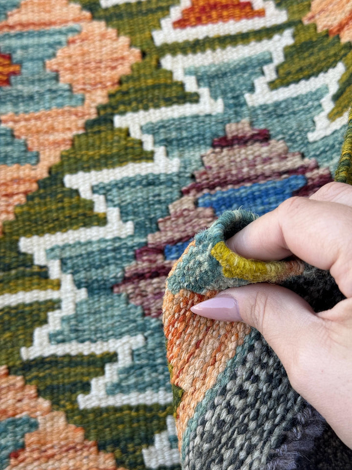 2x5 Handmade Afghan Kilim Runner Rug | Moss olive Green Orange Rust Red Teal Aqua Denim Blue Purple Maroon Cream White Mustard | Flatwoven