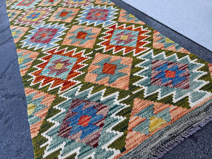 2x5 Handmade Afghan Kilim Runner Rug | Moss olive Green Orange Rust Red Teal Aqua Denim Blue Purple Maroon Cream White Mustard | Flatwoven