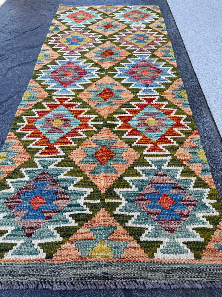 2x5 Handmade Afghan Kilim Runner Rug | Moss olive Green Orange Rust Red Teal Aqua Denim Blue Purple Maroon Cream White Mustard | Flatwoven