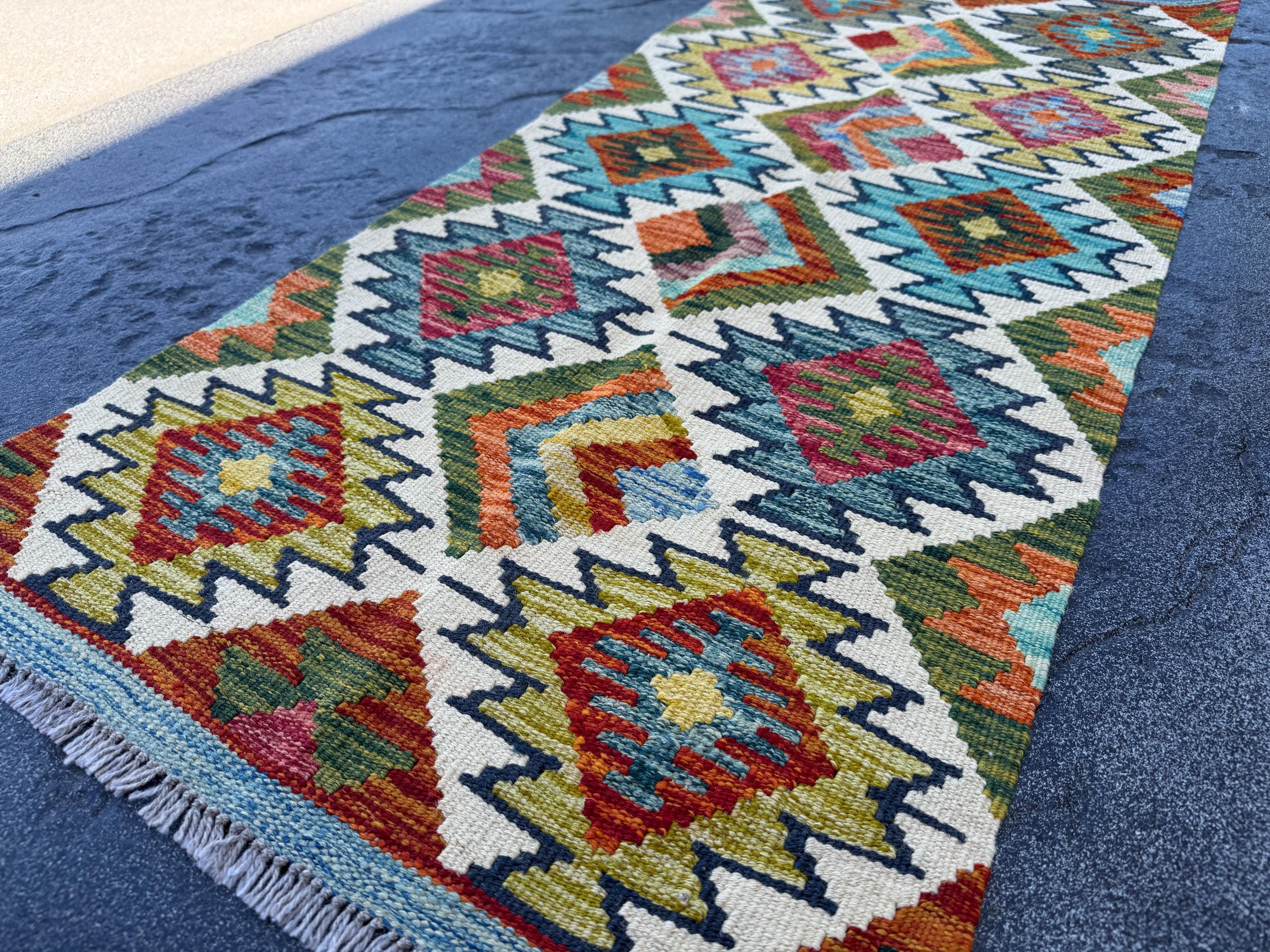 2x5 Handmade Afghan Kilim Runner Rug | Cream White Rust Red Olive Moss Green Aqua Teal Denim Blue Charcoal Grey Burnt Orange | Flatwoven