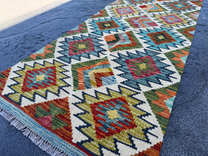 2x5 Handmade Afghan Kilim Runner Rug | Cream White Rust Red Olive Moss Green Aqua Teal Denim Blue Charcoal Grey Burnt Orange | Flatwoven