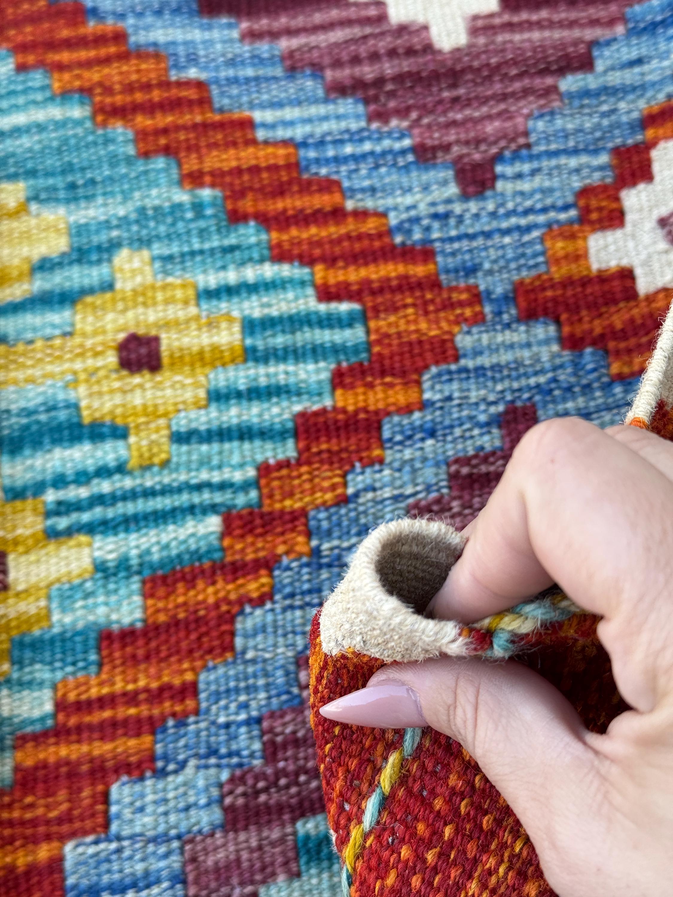 2x5 Handmade Afghan Kilim Runner Rug | Denim Blue Burnt Orange Aqua Teal Eggplant Purple Mustard Yellow Charcoal Grey | Wool Flatwoven