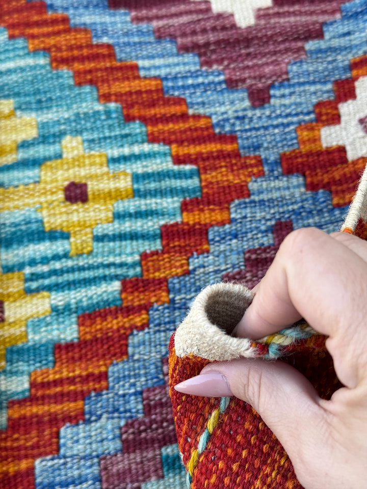 2x5 Handmade Afghan Kilim Runner Rug | Denim Blue Burnt Orange Aqua Teal Eggplant Purple Mustard Yellow Charcoal Grey | Wool Flatwoven