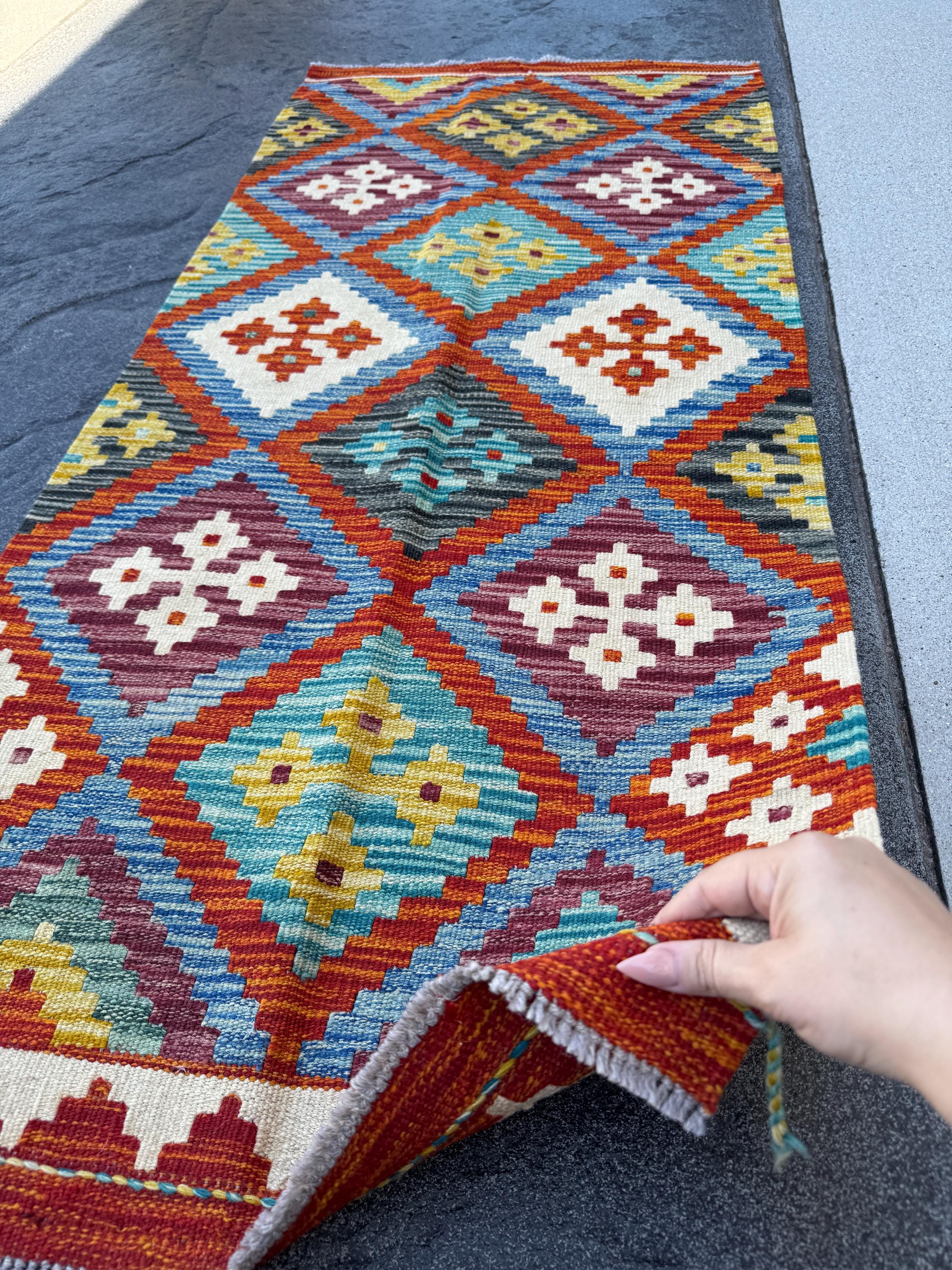 2x5 Handmade Afghan Kilim Runner Rug | Denim Blue Burnt Orange Aqua Teal Eggplant Purple Mustard Yellow Charcoal Grey | Wool Flatwoven