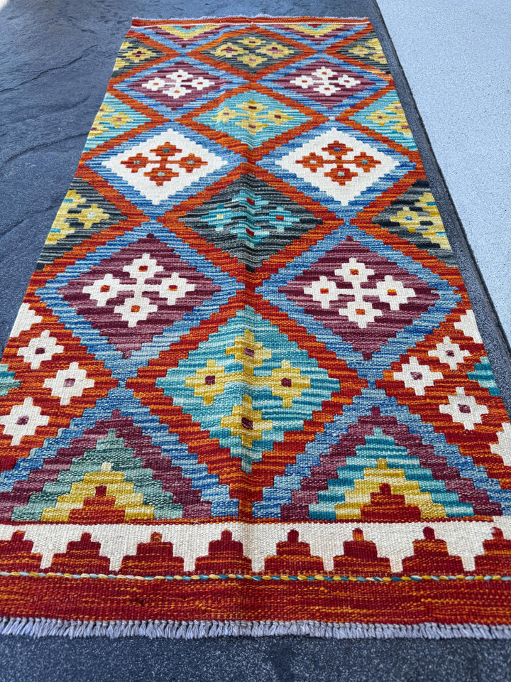 2x5 Handmade Afghan Kilim Runner Rug | Denim Blue Burnt Orange Aqua Teal Eggplant Purple Mustard Yellow Charcoal Grey | Wool Flatwoven