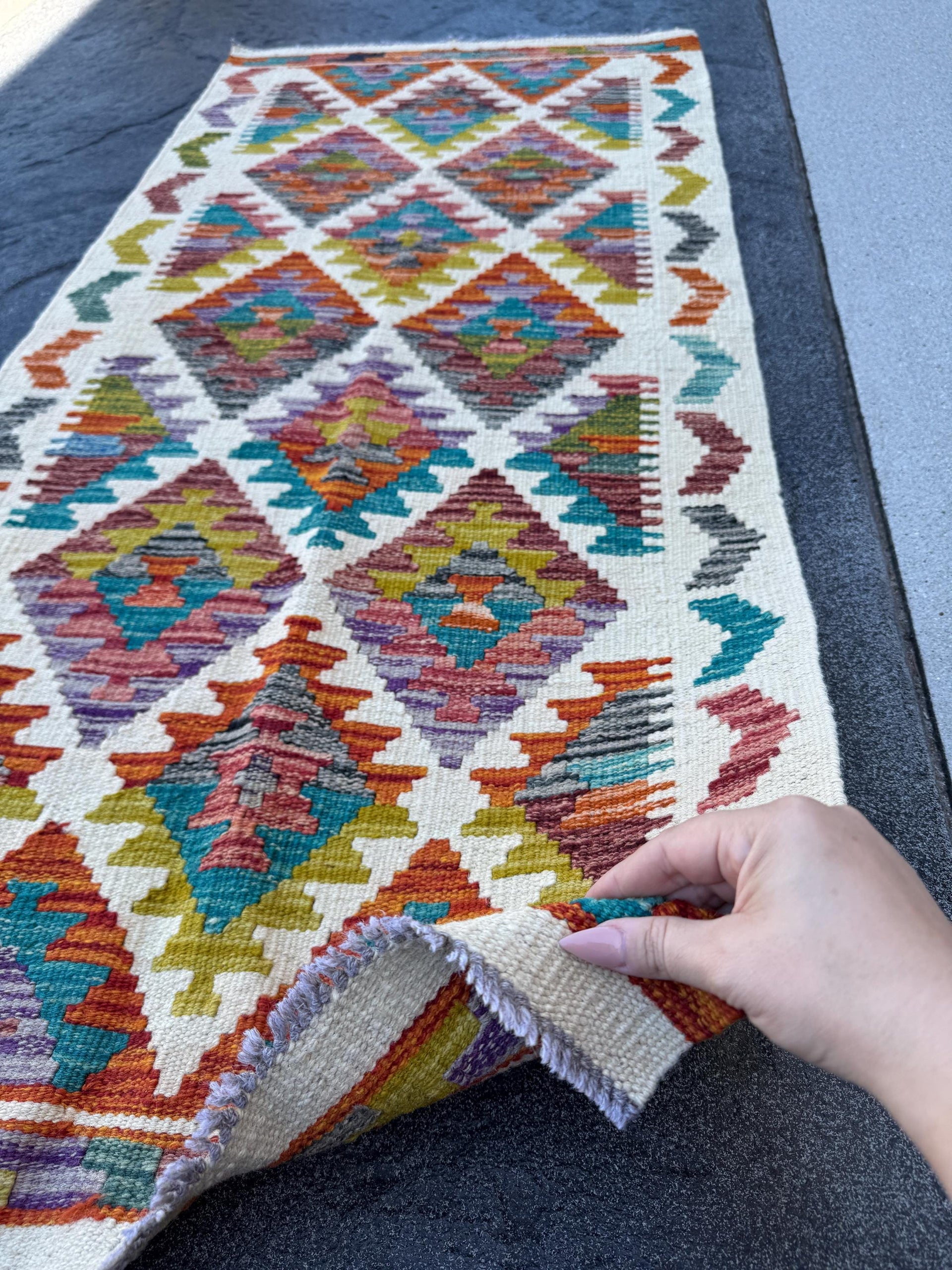 2x5 Handmade Afghan Kilim Runner Rug | Cream White Rust Red Olive Moss Green Aqua Teal Charcoal Grey Burnt Orange Purple | Wool Flatwoven