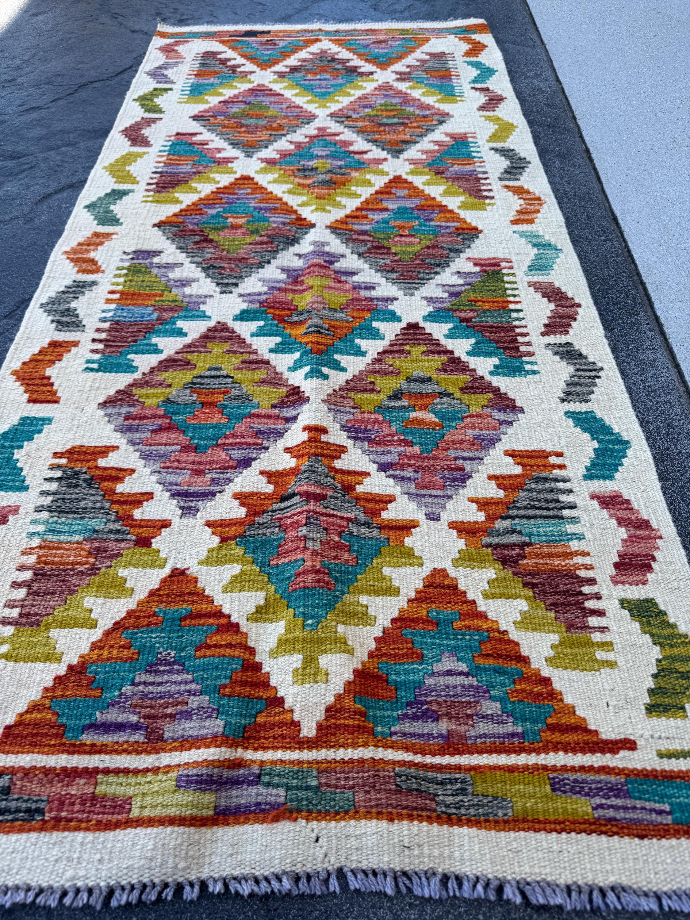 2x5 Handmade Afghan Kilim Runner Rug | Cream White Rust Red Olive Moss Green Aqua Teal Charcoal Grey Burnt Orange Purple | Wool Flatwoven