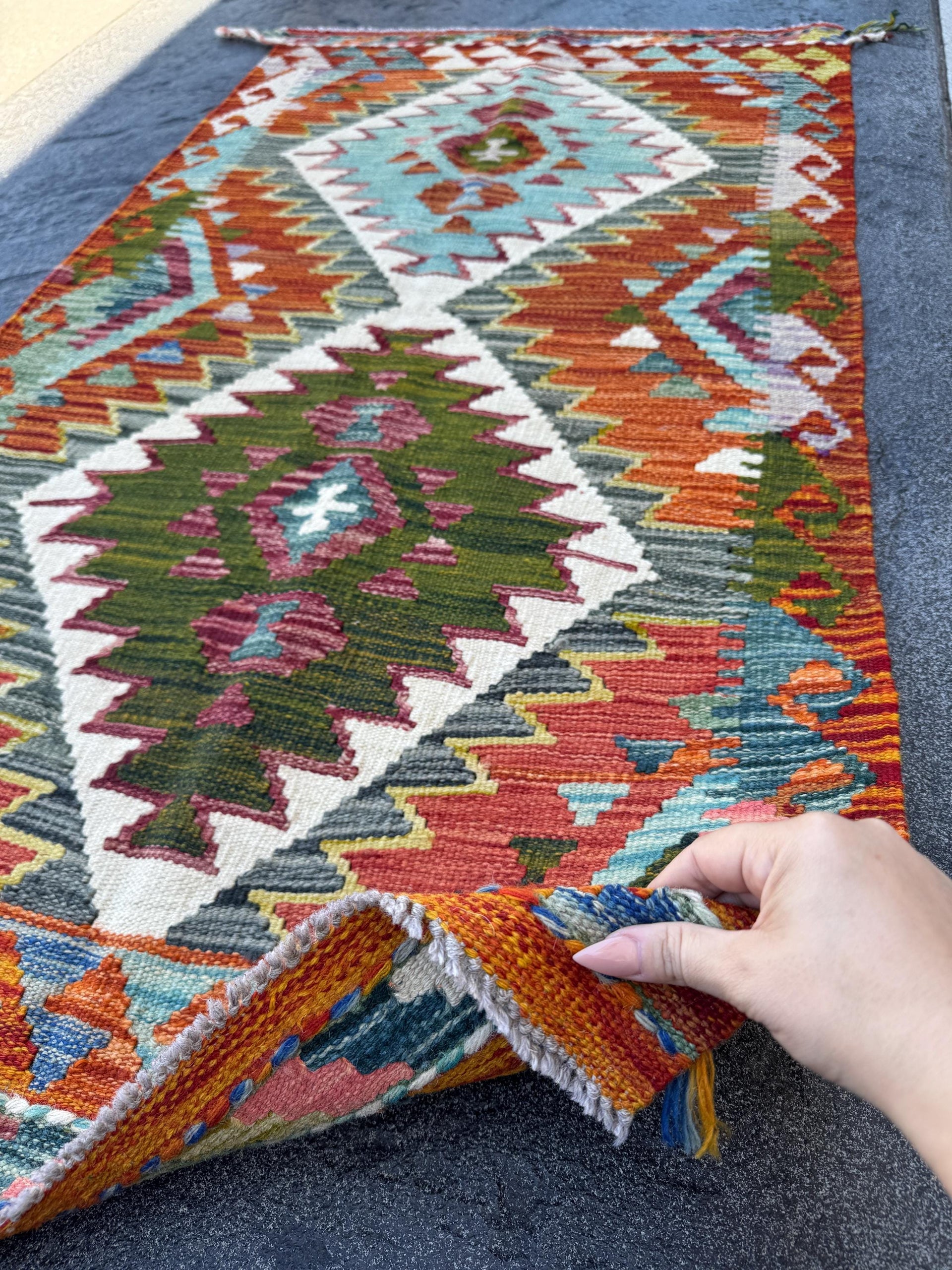 3x5 (91x152) Handmade Afghan Kilim Rug | Burnt Orange Cream White Forest Moss Olive Green Charcoal Grey Teal Denim Blue | Wool Flatwoven