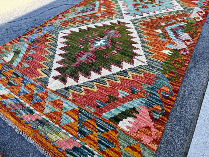 3x5 (91x152) Handmade Afghan Kilim Rug | Burnt Orange Cream White Forest Moss Olive Green Charcoal Grey Teal Denim Blue | Wool Flatwoven