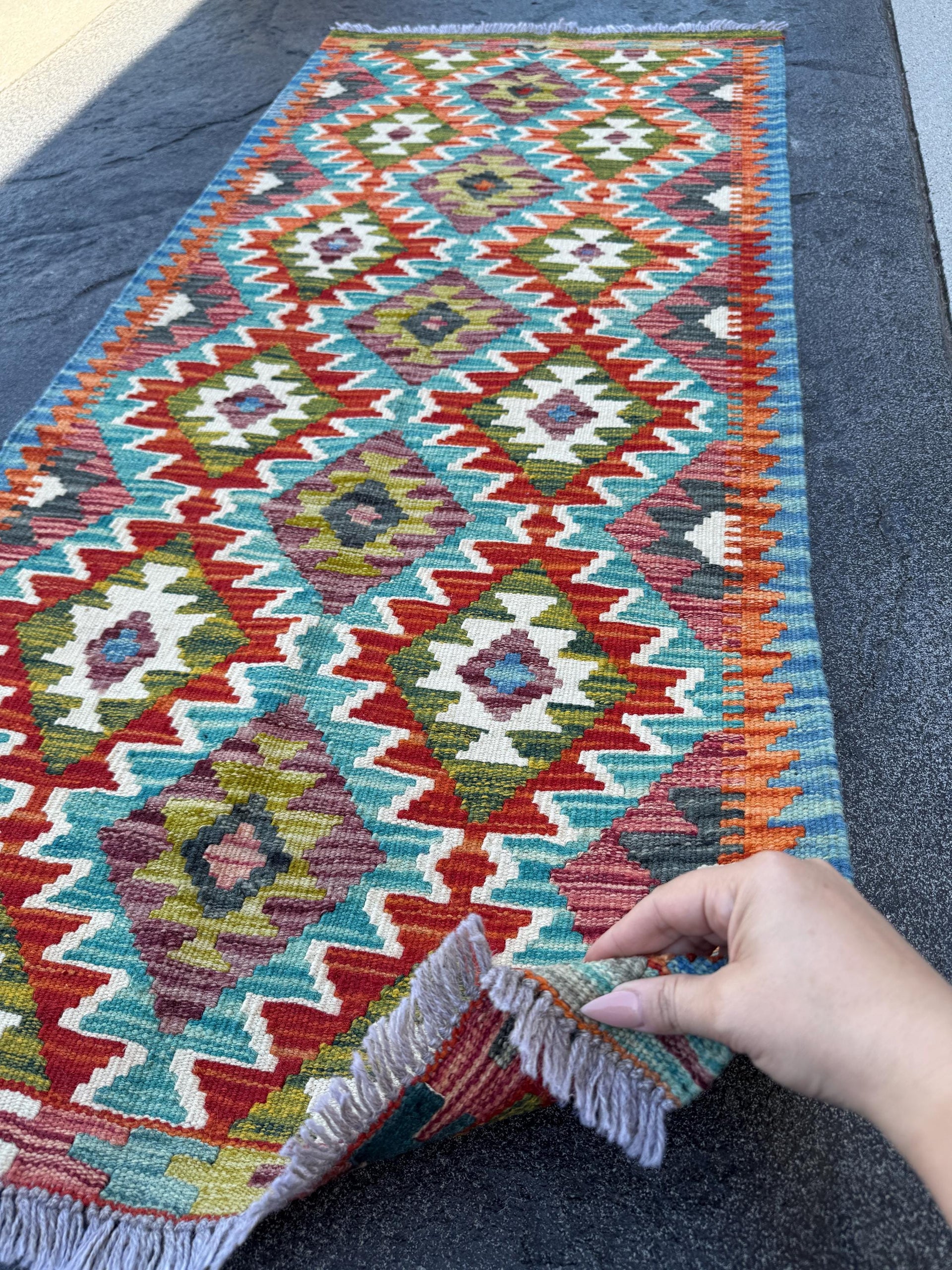 2x5 Handmade Afghan Kilim Runner Rug | Teal Aqua Moss Olive Green Cream White Charcoal Grey Rust Red Burnt Orange Maroon Denim Blue | Wool