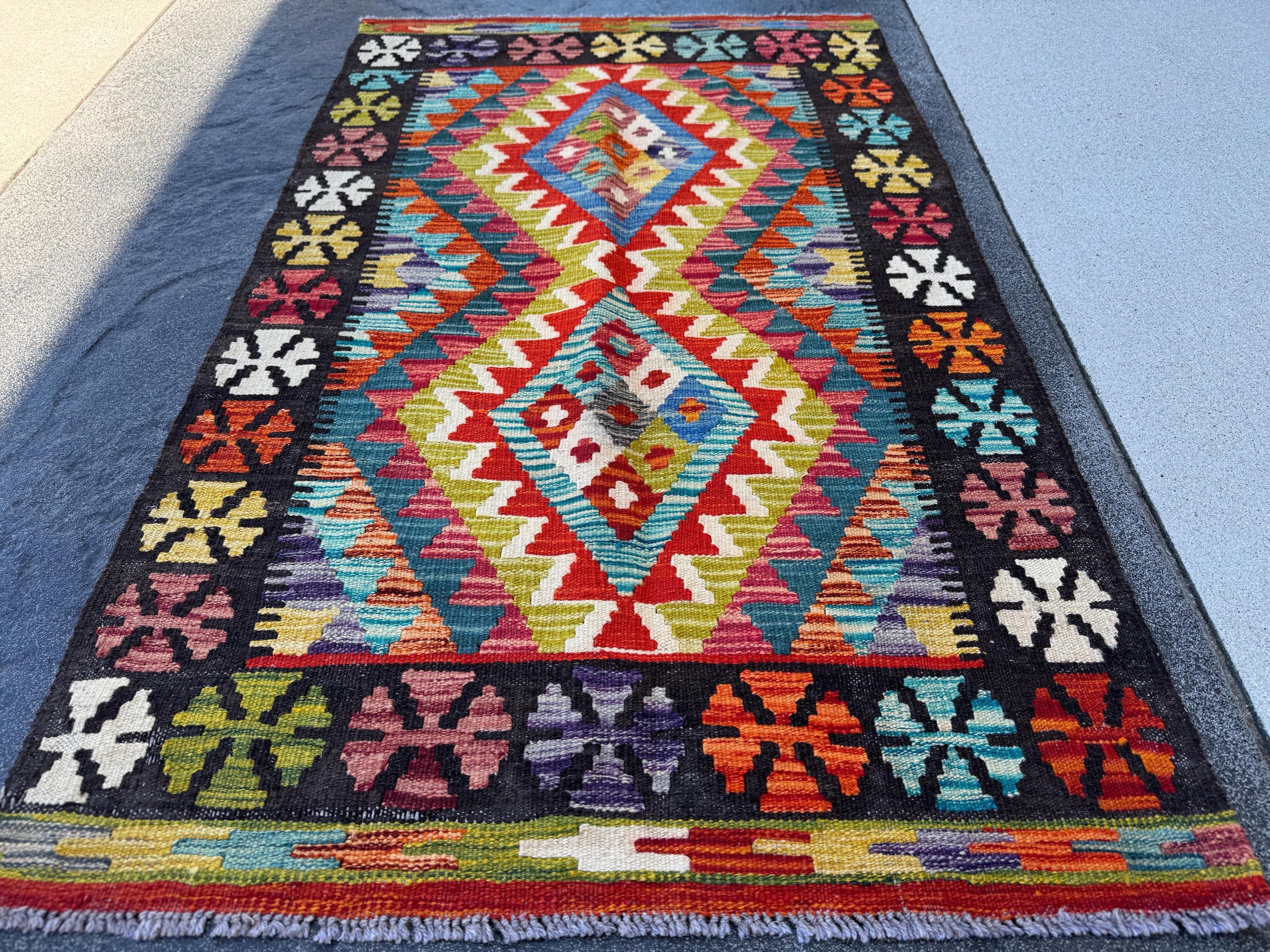 3x5 (91x152) Handmade Afghan Kilim Rug | Black Brick Red Burnt Orange Teal Turquoise Purple Olive Green Mustard Gold Denim Blue | Flatwoven