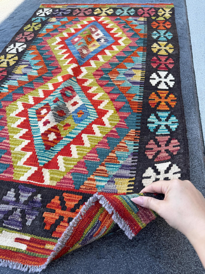 3x5 (91x152) Handmade Afghan Kilim Rug | Black Brick Red Burnt Orange Teal Turquoise Purple Olive Green Mustard Gold Denim Blue | Flatwoven