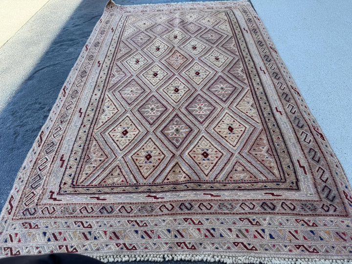 3x5 (91x152) Handmade Afghan Kilim Rug | Tan Cream Beige Brown Mocha Blood Red Midnight Blue Charcoal Grey Black | Wool Flatwoven