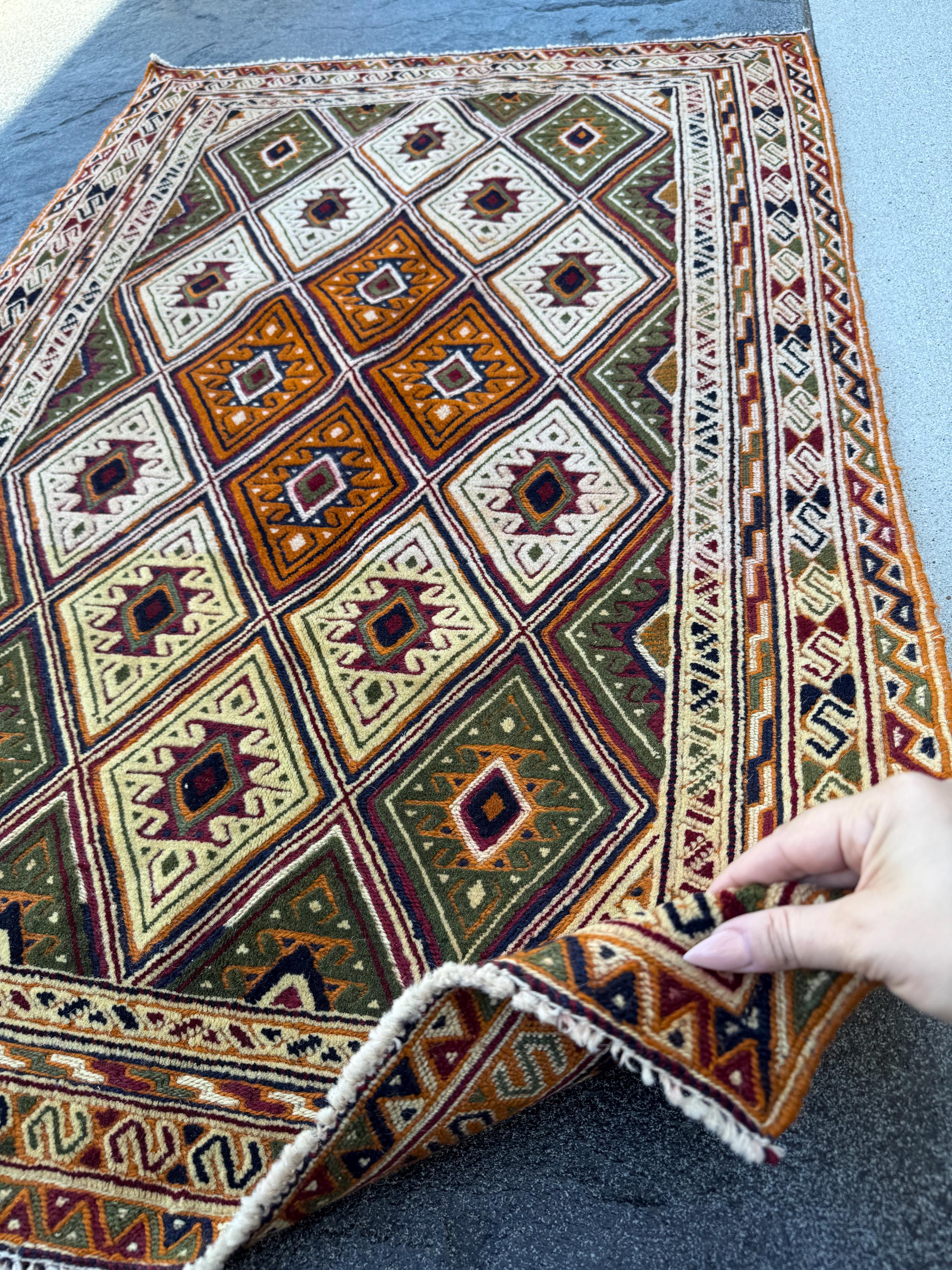 3x4 Handmade Afghan Kilim Rug | Forest Pine Green Black Cream Beige Burnt Orange Black Rust Red Coffee Brown | Wool Flatwoven