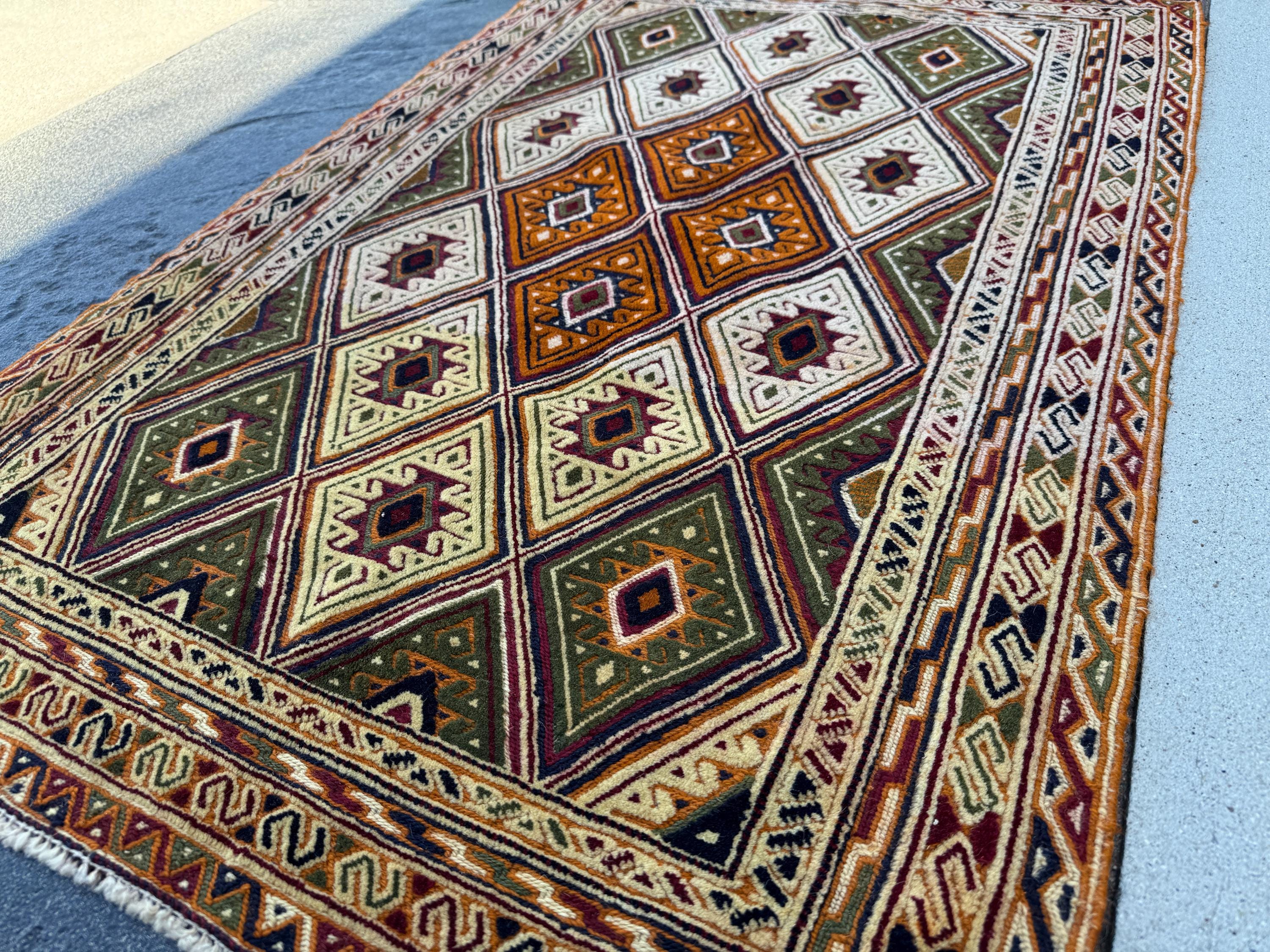 3x4 Handmade Afghan Kilim Rug | Forest Pine Green Black Cream Beige Burnt Orange Black Rust Red Coffee Brown | Wool Flatwoven