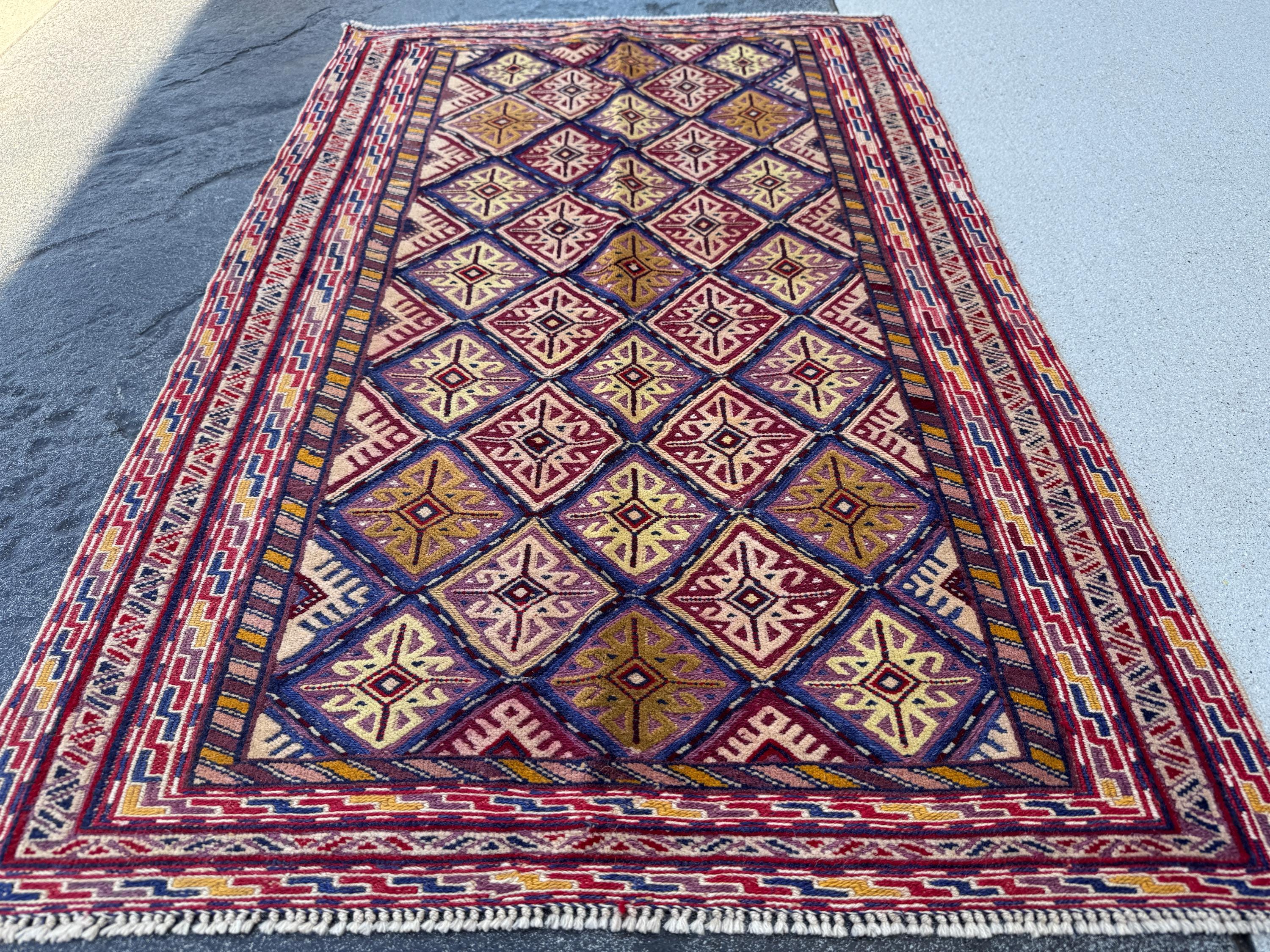 3x4 Handmade Afghan Kilim Rug | Blood Red Royal Blue Black Purple Cream Beige Tan Mustard Lilac Mustard Gold Grey Maroon | Wool Flatwoven