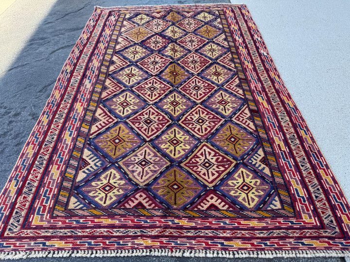 3x4 Handmade Afghan Kilim Rug | Blood Red Royal Blue Black Purple Cream Beige Tan Mustard Lilac Mustard Gold Grey Maroon | Wool Flatwoven