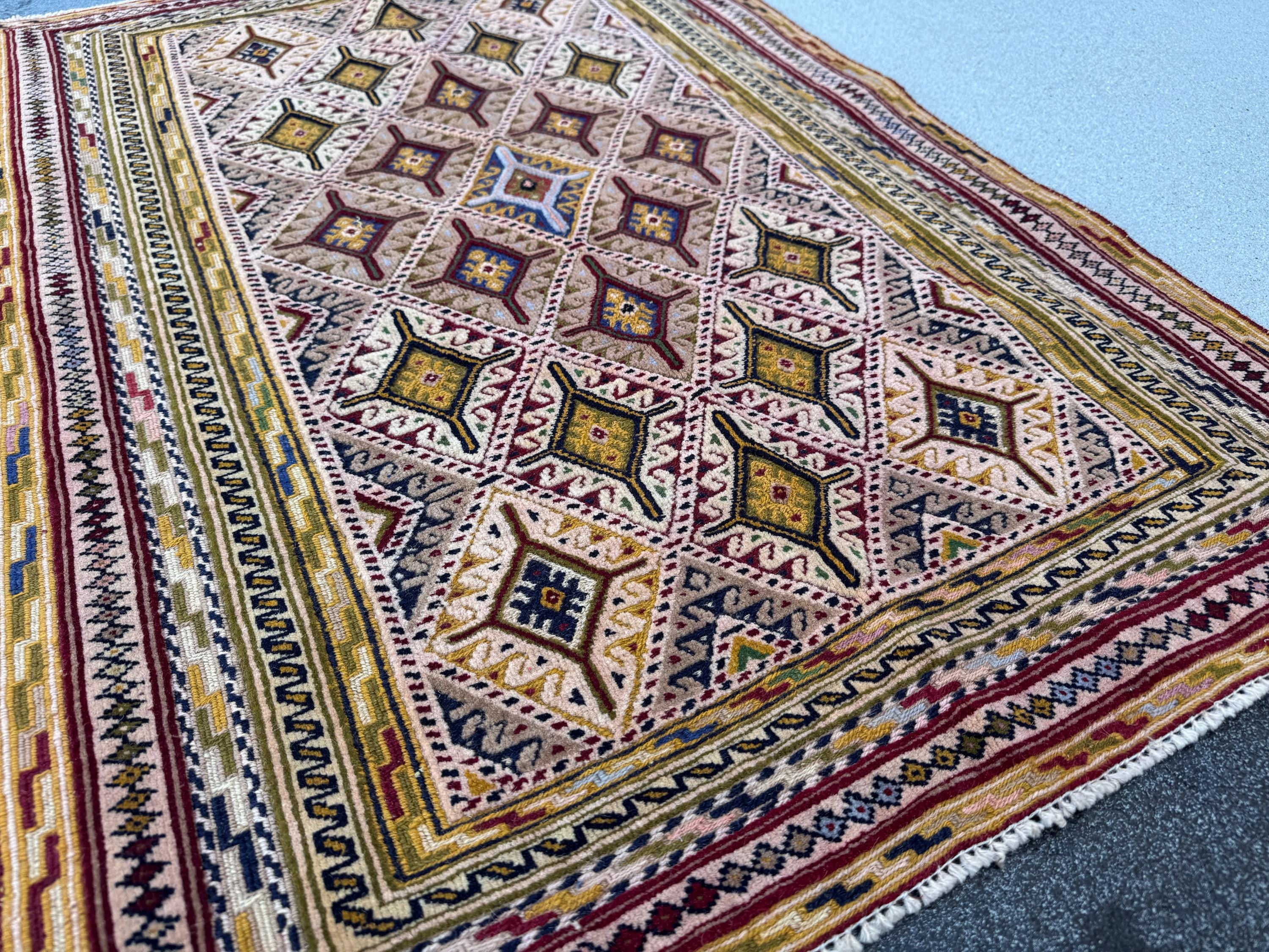 3x4 (91x121) Handmade Afghan Vintage Barjasta Rug | Ivory Cream Burgundy Wine Blush Rose Mustard Yellow Olive Green Navy Blue Midnight Black