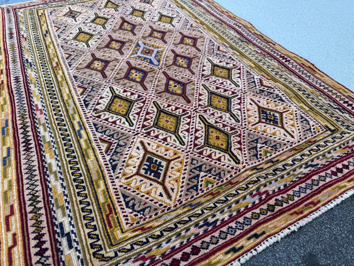 3x4 (91x121) Handmade Afghan Vintage Barjasta Rug | Ivory Cream Burgundy Wine Blush Rose Mustard Yellow Olive Green Navy Blue Midnight Black