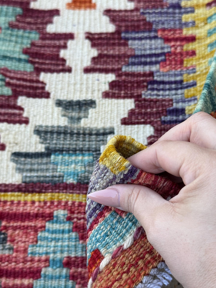 2x5 Handmade Afghan Kilim Runner Rug | Maroon Cream White Aqua Teal Charcoal Grey Mustard Yellow Burnt Orange | Wool Flatwoven