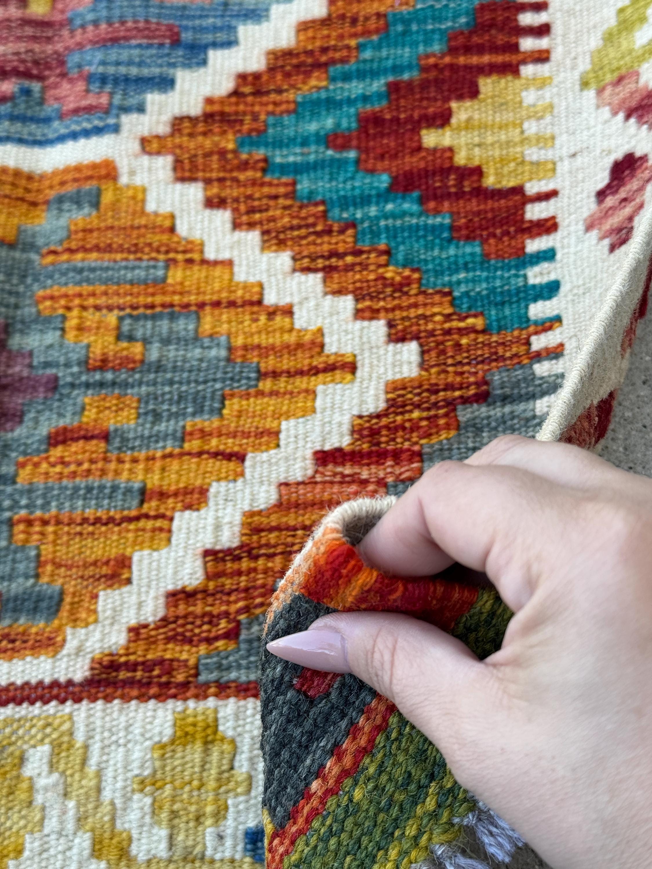 2x5 Handmade Afghan Kilim Runner Rug | Cream White Burnt Rust Orange Brick Blood Red Mustard Yellow Charcoal Grey Olive Moss Green Teal