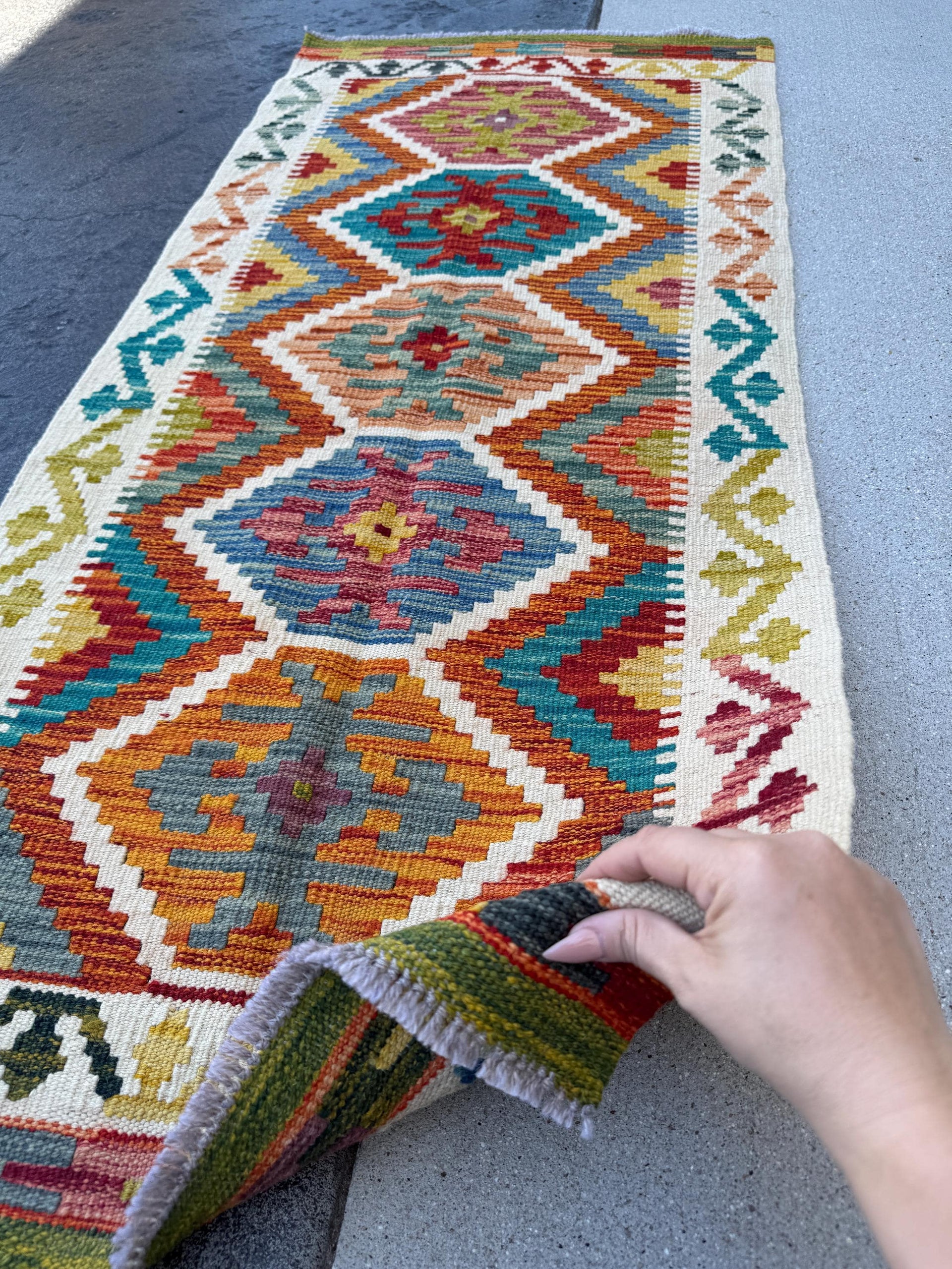 2x5 Handmade Afghan Kilim Runner Rug | Cream White Burnt Rust Orange Brick Blood Red Mustard Yellow Charcoal Grey Olive Moss Green Teal
