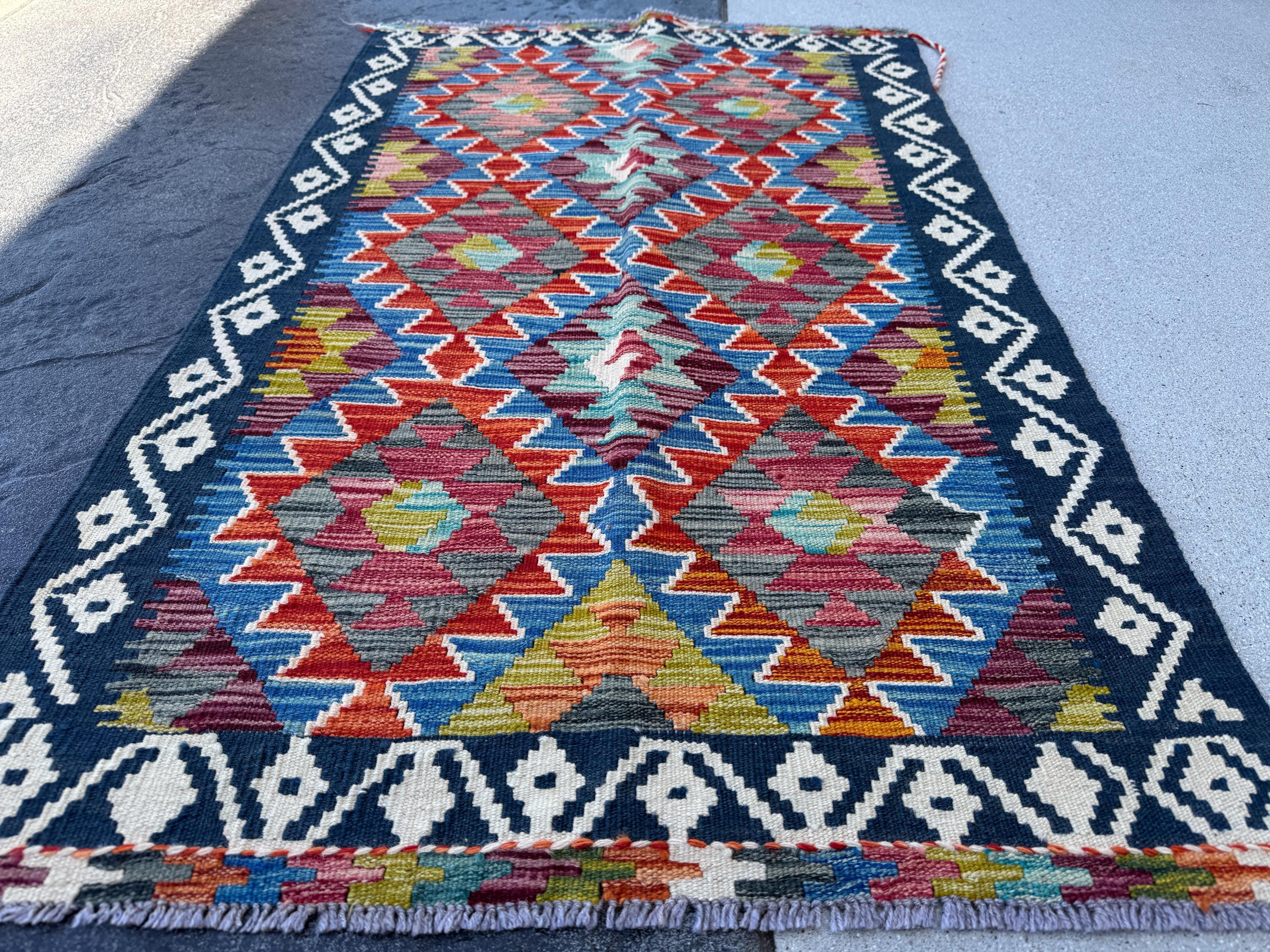 3x5 (91x152) Handmade Afghan Kilim Rug | Denim Blue Burnt Orange Maroon Charcoal Grey Olive Green Aqua Teal Red Cream White Midnight Blue