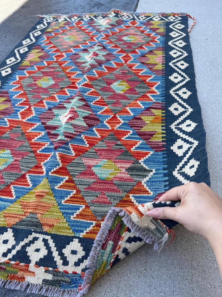 3x5 (91x152) Handmade Afghan Kilim Rug | Denim Blue Burnt Orange Maroon Charcoal Grey Olive Green Aqua Teal Red Cream White Midnight Blue