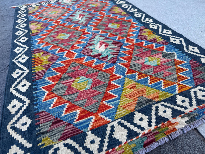 3x5 (91x152) Handmade Afghan Kilim Rug | Denim Blue Burnt Orange Maroon Charcoal Grey Olive Green Aqua Teal Red Cream White Midnight Blue