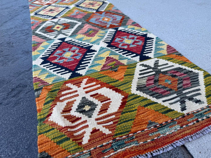 2x5 Handmade Afghan Kilim Runner Rug | Cream White Burnt Orange Blood Red Mustard Yellow Charcoal Grey Olive Moss Green Teal Aqua Beige