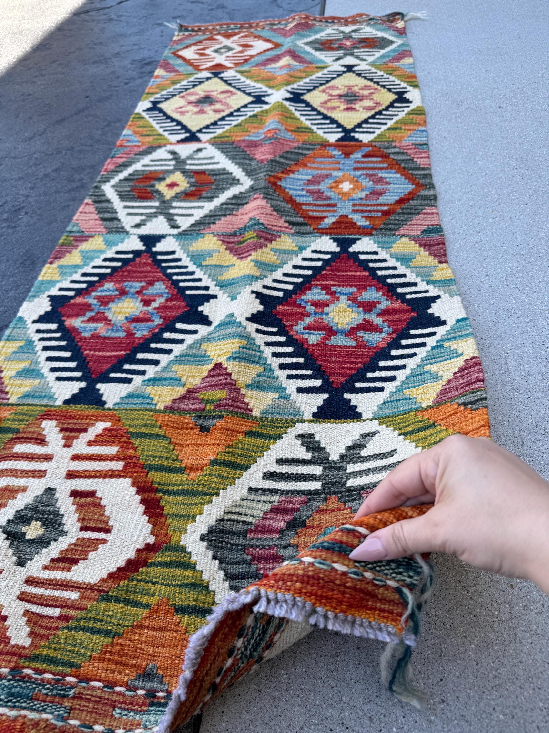 2x5 Handmade Afghan Kilim Runner Rug | Cream White Burnt Orange Blood Red Mustard Yellow Charcoal Grey Olive Moss Green Teal Aqua Beige