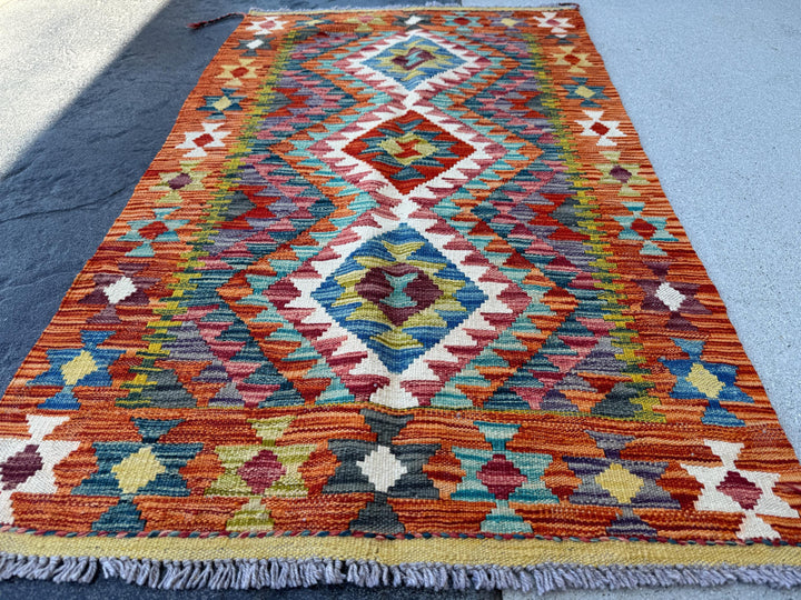 3x4 Handmade Afghan Kilim Rug | Burnt Orange Rust Red Cream White Aqua Teal Charcoal Grey Olive Green Mustard Yellow Denim Blue | Flatwoven