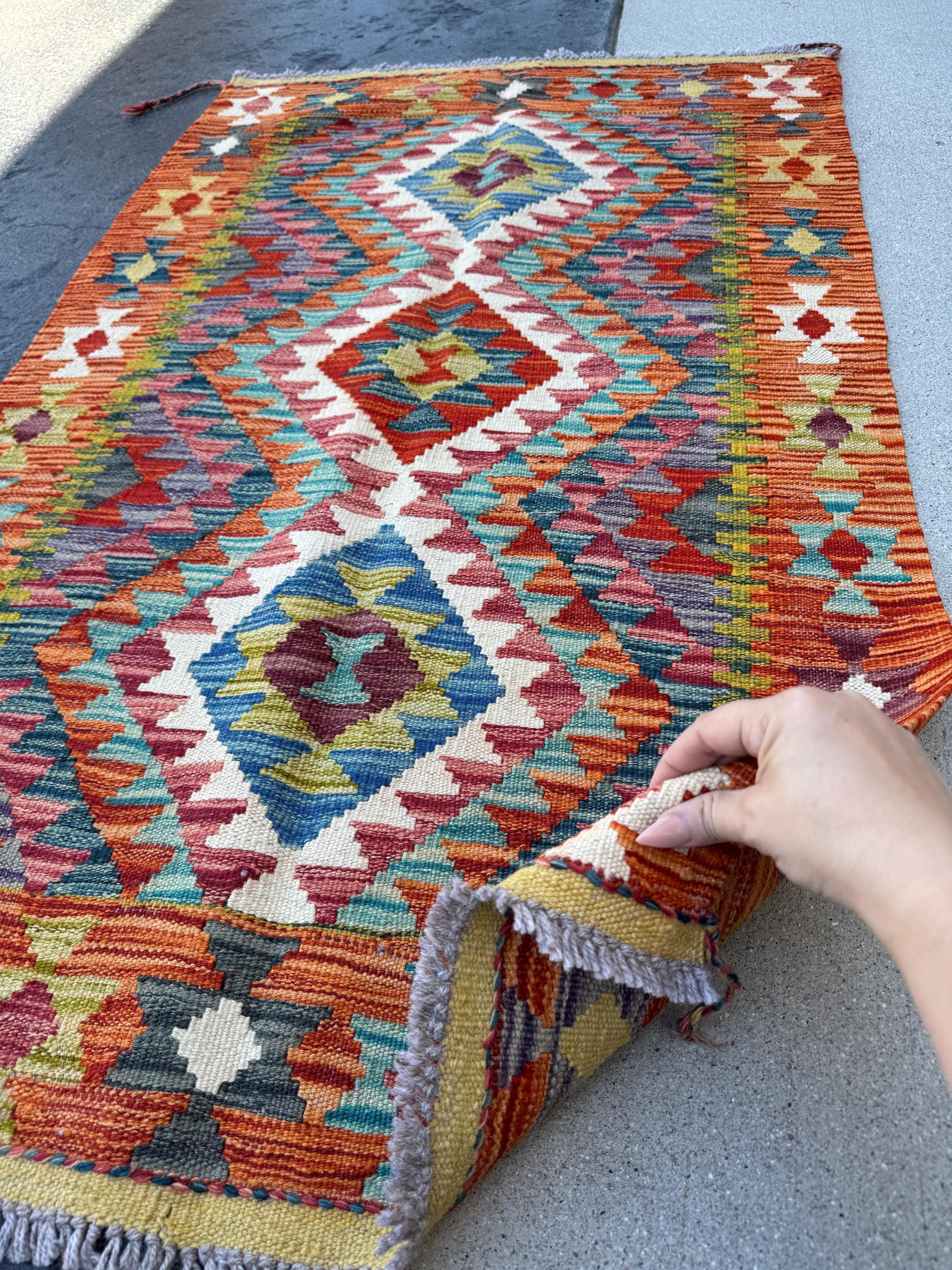 3x4 Handmade Afghan Kilim Rug | Burnt Orange Rust Red Cream White Aqua Teal Charcoal Grey Olive Green Mustard Yellow Denim Blue | Flatwoven