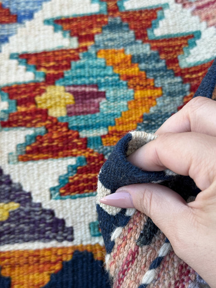 2x5 Handmade Afghan Kilim Runner Rug | Cream White Burnt Orange Midnight Denim Blue Charcoal Grey Aqua Teal Mustard Yellow Red | Flatwoven