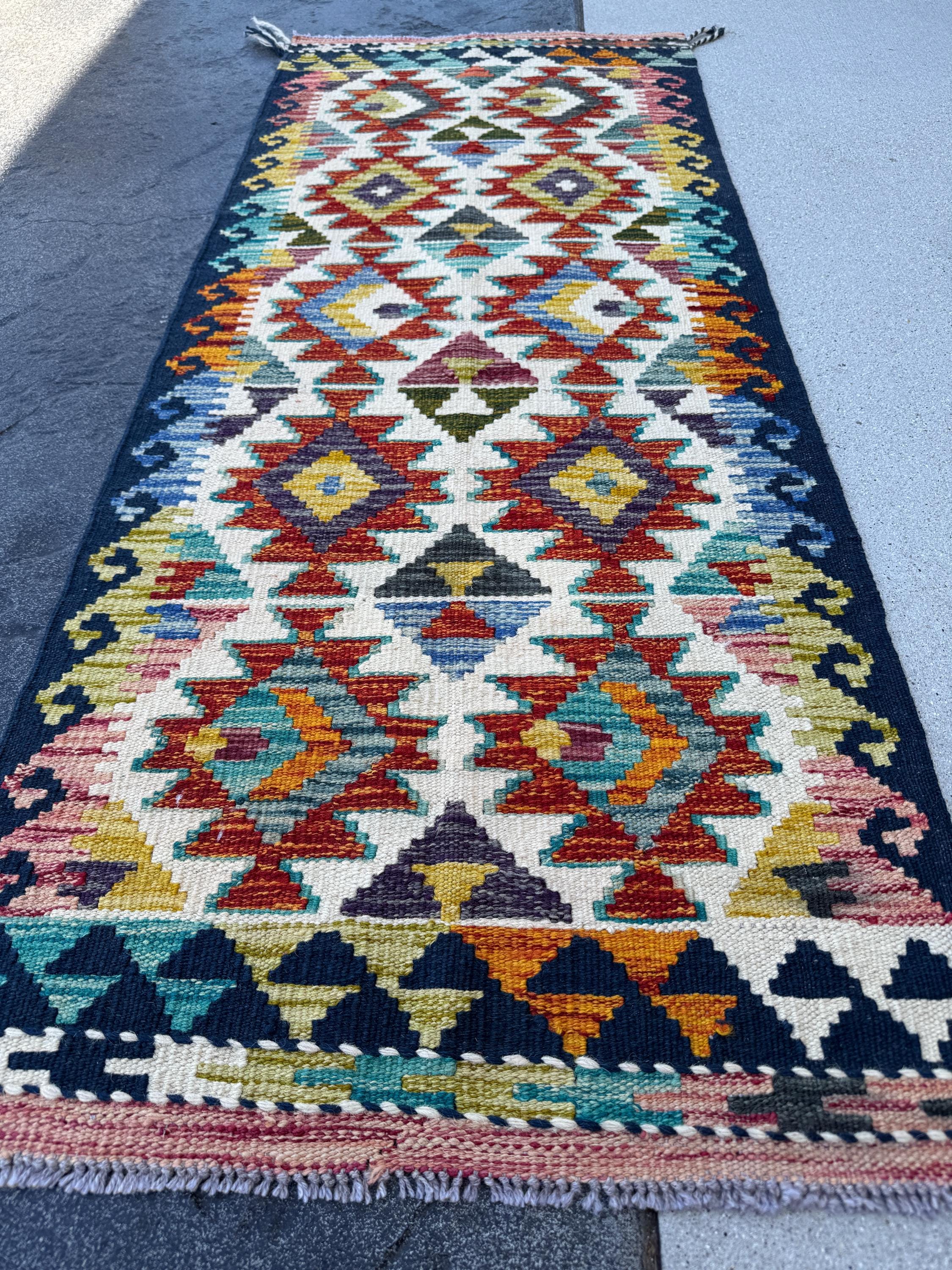 2x5 Handmade Afghan Kilim Runner Rug | Cream White Burnt Orange Midnight Denim Blue Charcoal Grey Aqua Teal Mustard Yellow Red | Flatwoven