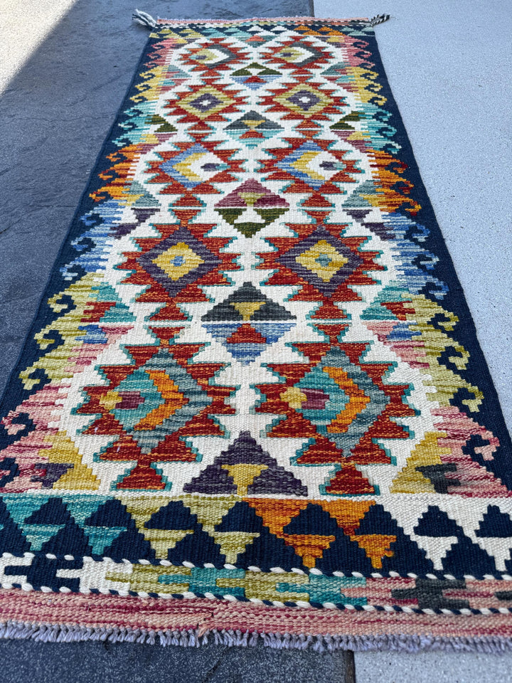 2x5 Handmade Afghan Kilim Runner Rug | Cream White Burnt Orange Midnight Denim Blue Charcoal Grey Aqua Teal Mustard Yellow Red | Flatwoven