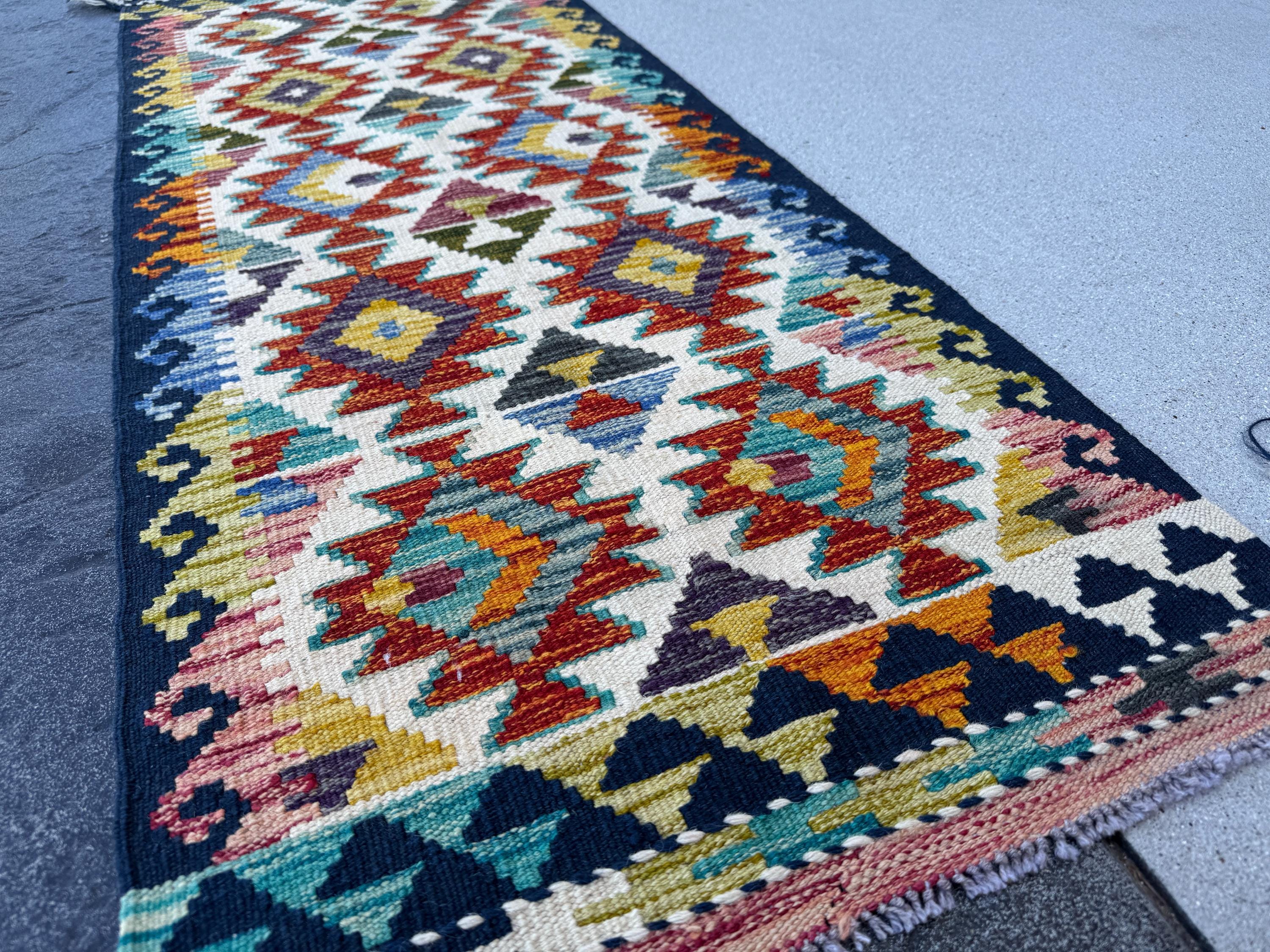 2x5 Handmade Afghan Kilim Runner Rug | Cream White Burnt Orange Midnight Denim Blue Charcoal Grey Aqua Teal Mustard Yellow Red | Flatwoven