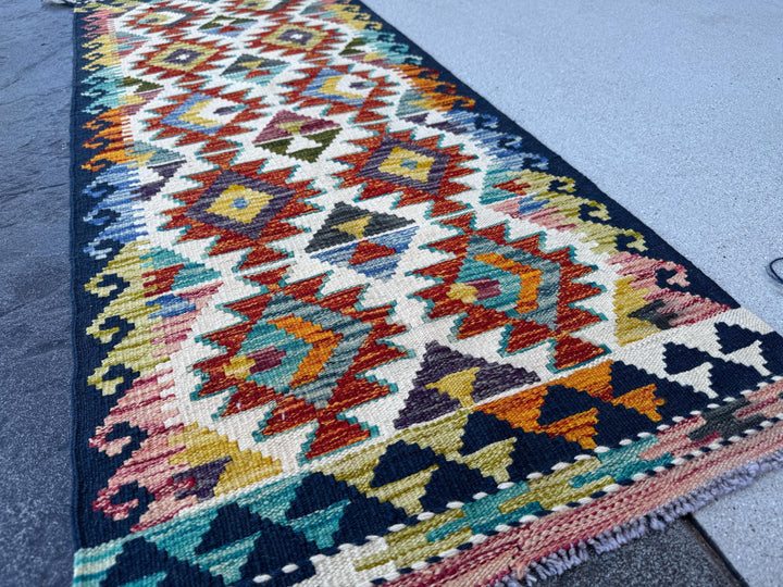 2x5 Handmade Afghan Kilim Runner Rug | Cream White Burnt Orange Midnight Denim Blue Charcoal Grey Aqua Teal Mustard Yellow Red | Flatwoven