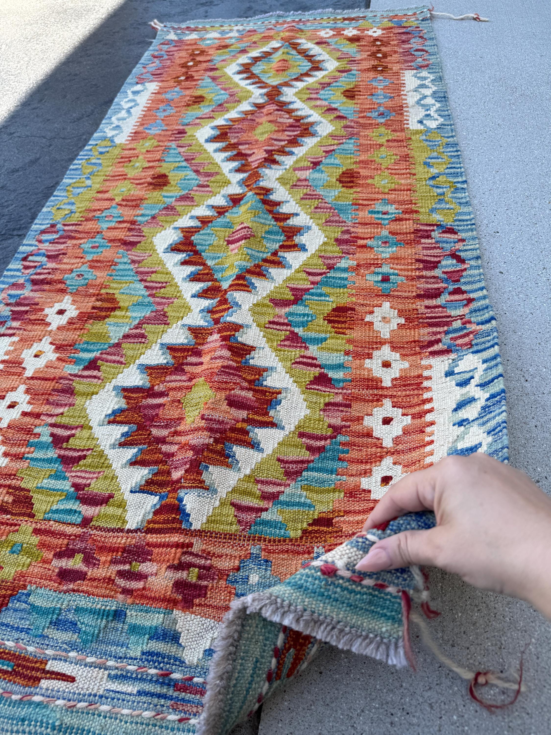 2x5 Handmade Afghan Kilim Runner Rug | Aqua Teal Cream White Burnt Orange Rust Red Denim Blue Olive Green | Wool Flatwoven