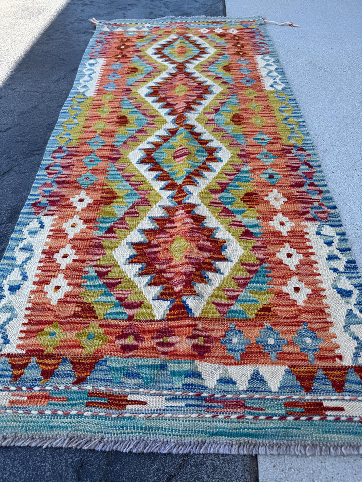 2x5 Handmade Afghan Kilim Runner Rug | Aqua Teal Cream White Burnt Orange Rust Red Denim Blue Olive Green | Wool Flatwoven