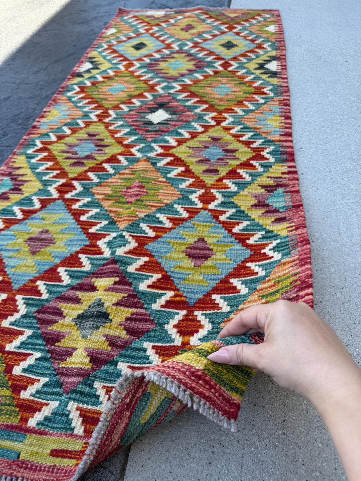 2x5 Handmade Afghan Kilim Runner Rug | Burnt Orange Rust Red Cream White Aqua Teal Olive Moss Green Maroon Turquoise Charcoal Grey | Wool