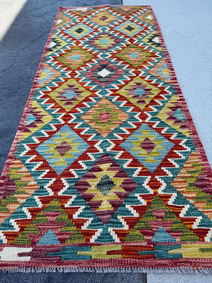 2x5 Handmade Afghan Kilim Runner Rug | Burnt Orange Rust Red Cream White Aqua Teal Olive Moss Green Maroon Turquoise Charcoal Grey | Wool