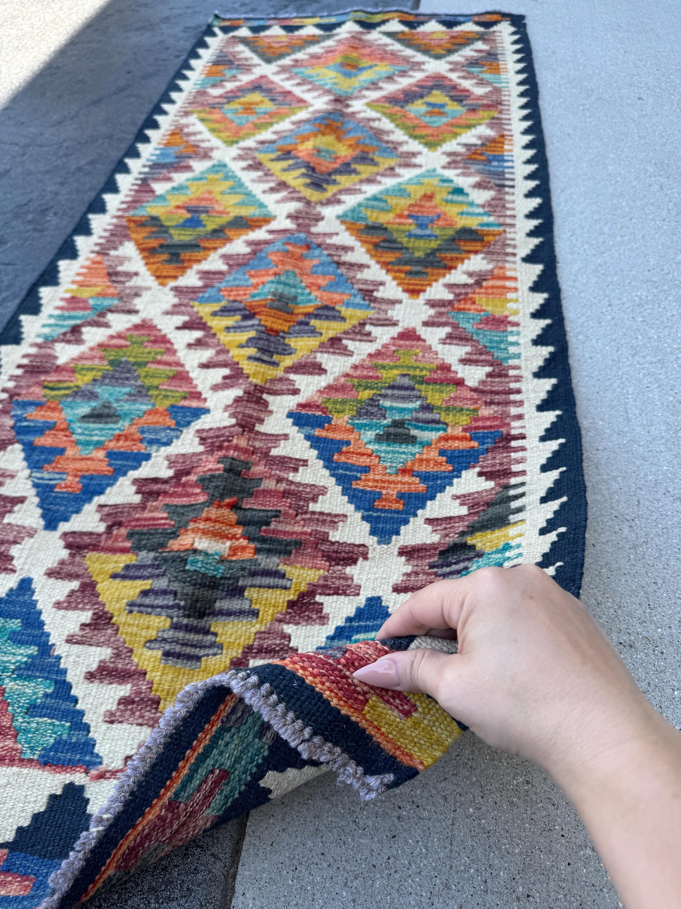 2x5 Handmade Afghan Kilim Runner Rug | Cream White Blood Red Charcoal Grey Black Burnt Orange Aqua Teal Mustard Yellow Indigo Denim Blue