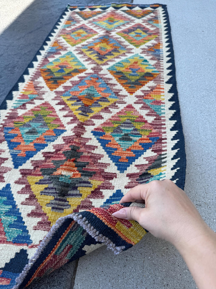 2x5 Handmade Afghan Kilim Runner Rug | Cream White Blood Red Charcoal Grey Black Burnt Orange Aqua Teal Mustard Yellow Indigo Denim Blue
